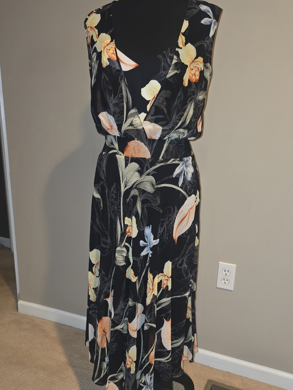 White House Black Market Black Floral Wrap Maxi Dress